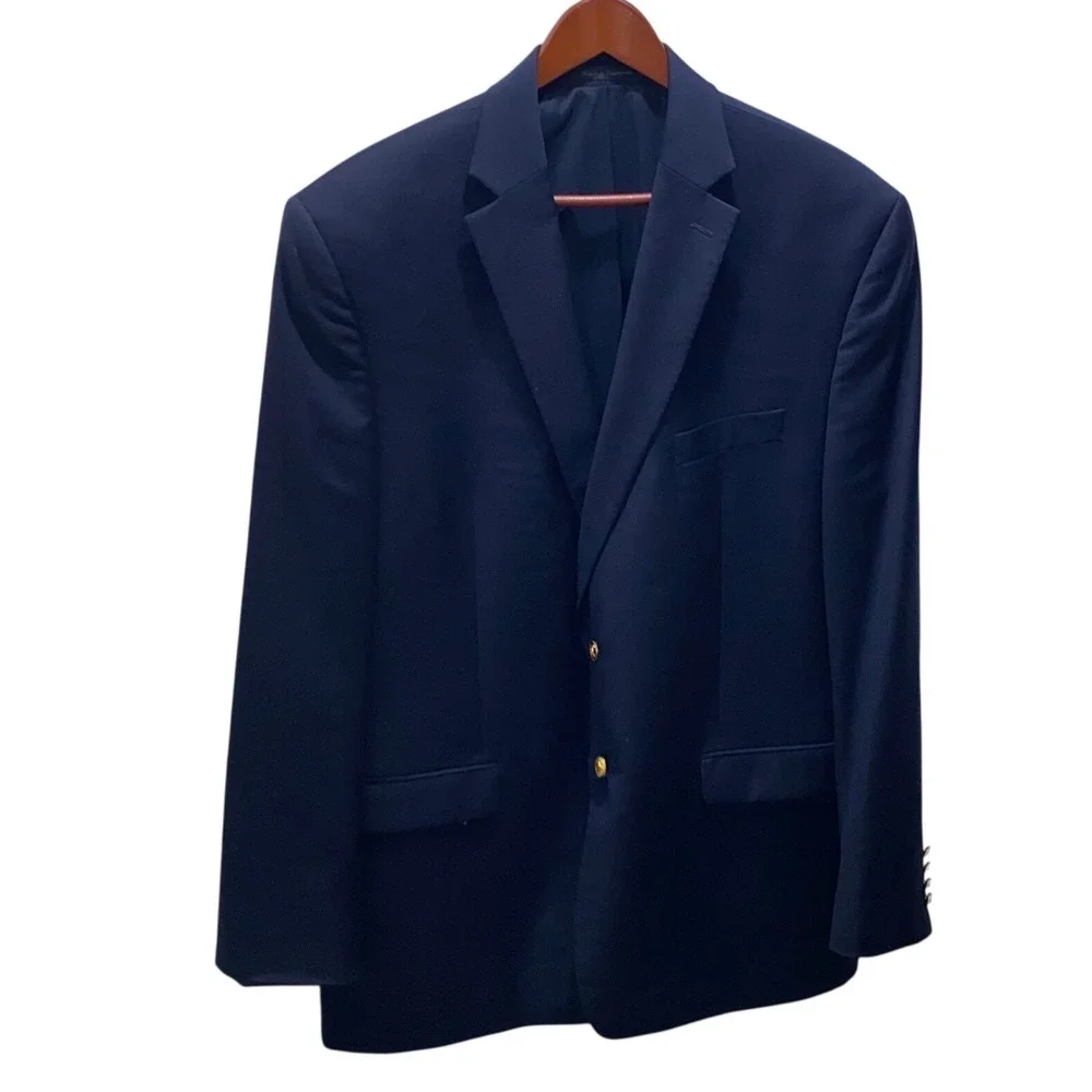 Lauren Ralph Lauren Mens 46R Navy Blue 100% Wool Two Button Blazer Gold Buttons